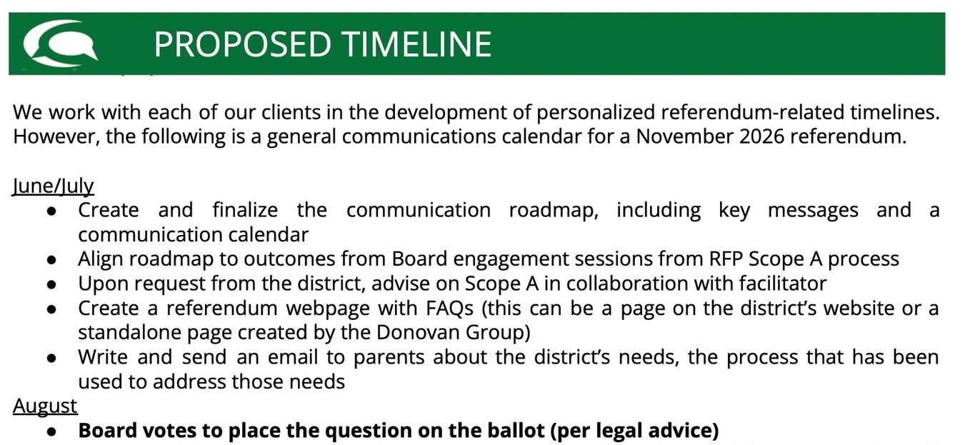 Screenshot from the Donovan Group's proposal showing the 'Proposed Timeline' section. It opens with a general communications calendar for a November 2026 referendum and lists tasks for June/July including building a referendum webpage and emailing parents. The August section, beginning with the bolded line 'Board votes to place the question on the ballot (per legal advice),' includes creating a news release, the first mailer, beginning a social media campaign, and a one-page fact sheet on tax impact.