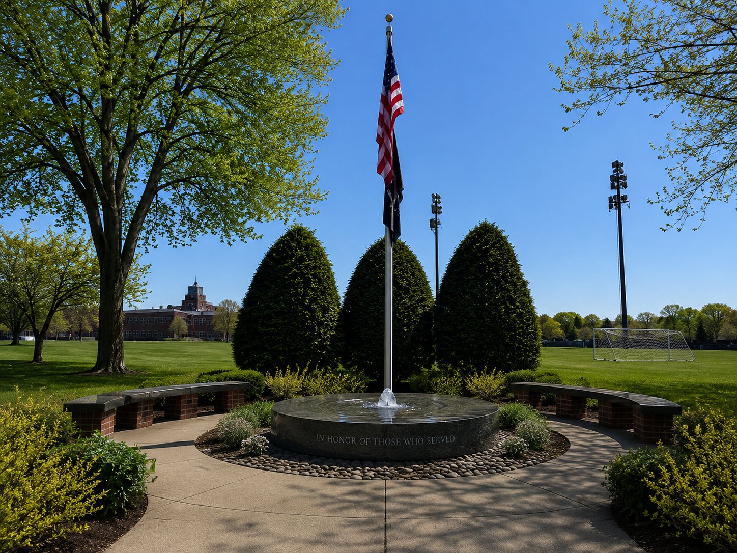 Mockup of a grounded circular memorial fountain at the Armory Park flag plaza, with the inscription 'In Honor of Those Who Served,' surrounded by river stones, curved benches, and mature trees